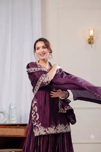 Wine sequence coding embroidery work readymade sharara suit set for wedding & festive wear