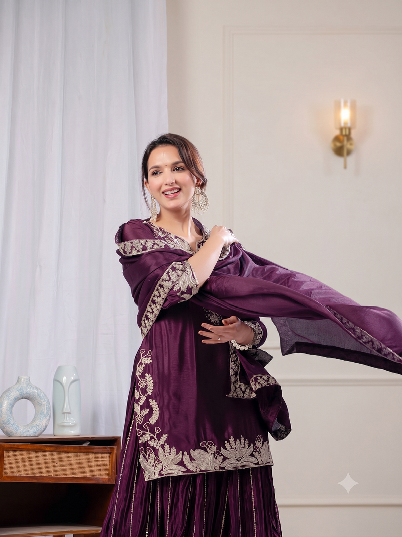 Wine sequence coding embroidery work readymade sharara suit set for wedding & festive wear