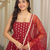 Maroon sleeveless square neck flared anarkali kurta set with pant and embellished net dupatta