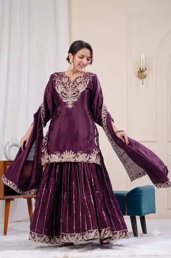 Wine sequence coding embroidery work readymade sharara suit set for wedding & festive wear