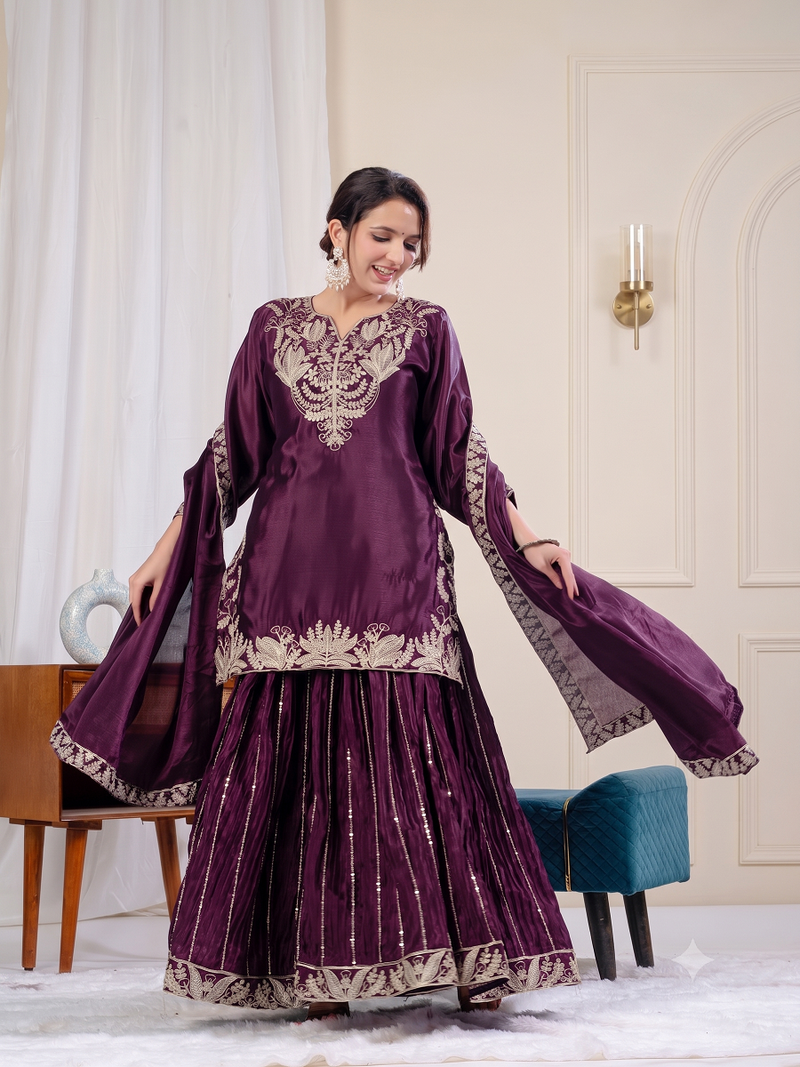 Wine sequence coding embroidery work readymade sharara suit set for wedding & festive wear