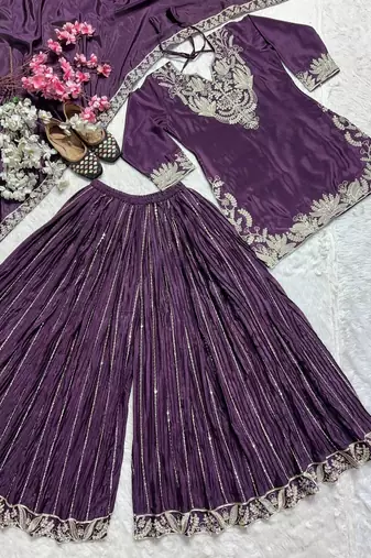Wine sequence coding embroidery work readymade sharara suit set for wedding & festive wear