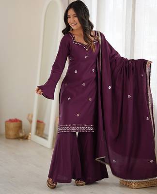 Women's wine embroidered kurti with sharara & dupatta set 1