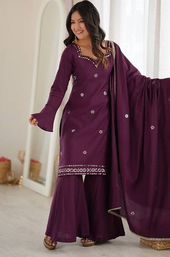 Women's wine embroidered kurti with sharara & dupatta set