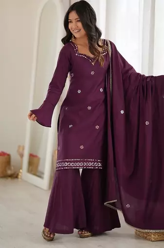 Women's wine embroidered kurti with sharara & dupatta set