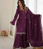 Women's wine embroidered kurti with sharara & dupatta set