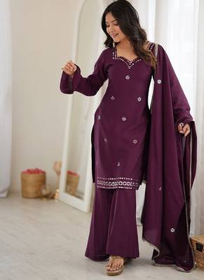 Women's wine embroidered kurti with sharara & dupatta set 2
