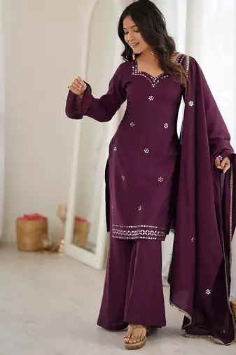 Women's wine embroidered kurti with sharara & dupatta set