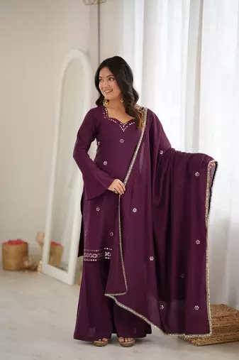Women's wine embroidered kurti with sharara & dupatta set