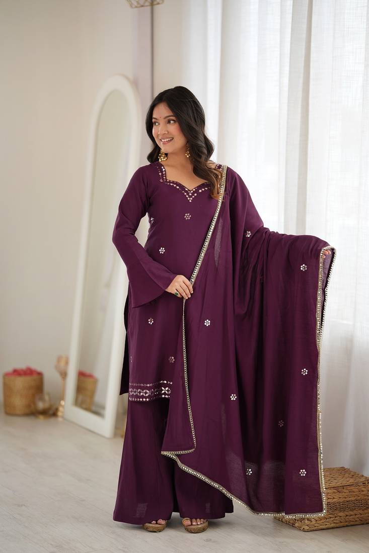 Women's wine embroidered kurti with sharara & dupatta set