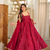 Maroon sleeveless square neck flared anarkali kurta set with pant and embellished net dupatta
