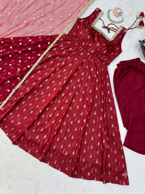 Maroon sleeveless square neck flared anarkali kurta set with pant and embellished net dupatta 4