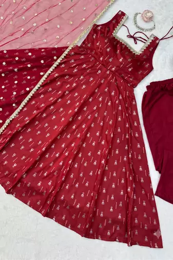 Maroon sleeveless square neck flared anarkali kurta set with pant and embellished net dupatta