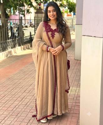 Beige silk blend readymade anarkali suit with embroidery & thread work 1