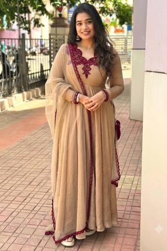 Beige silk blend readymade anarkali suit with embroidery & thread work