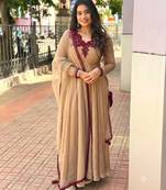 Beige silk blend readymade anarkali suit with embroidery & thread work