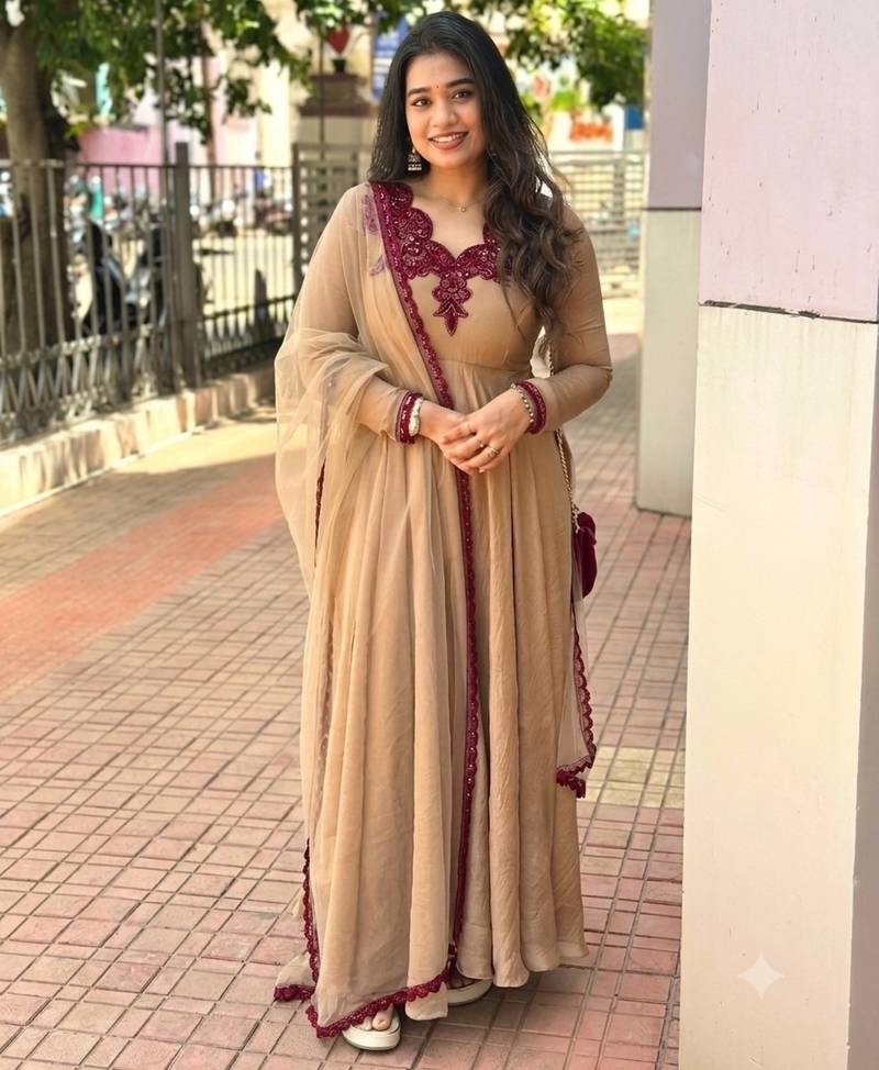 Beige silk blend readymade anarkali suit with embroidery & thread work