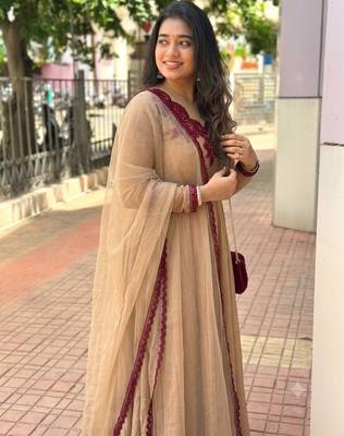 Beige silk blend readymade anarkali suit with embroidery & thread work 2