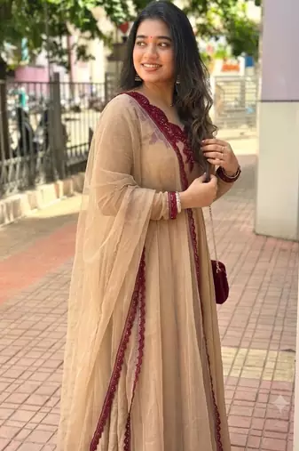 Beige silk blend readymade anarkali suit with embroidery & thread work