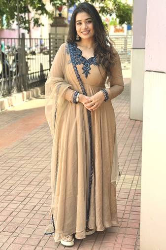 Beige silk blend readymade anarkali suit with embroidery & thread work