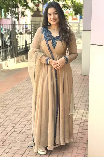 Beige silk blend readymade anarkali suit with embroidery & thread work