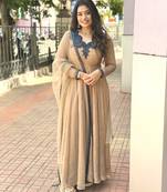 Beige silk blend readymade anarkali suit with embroidery & thread work