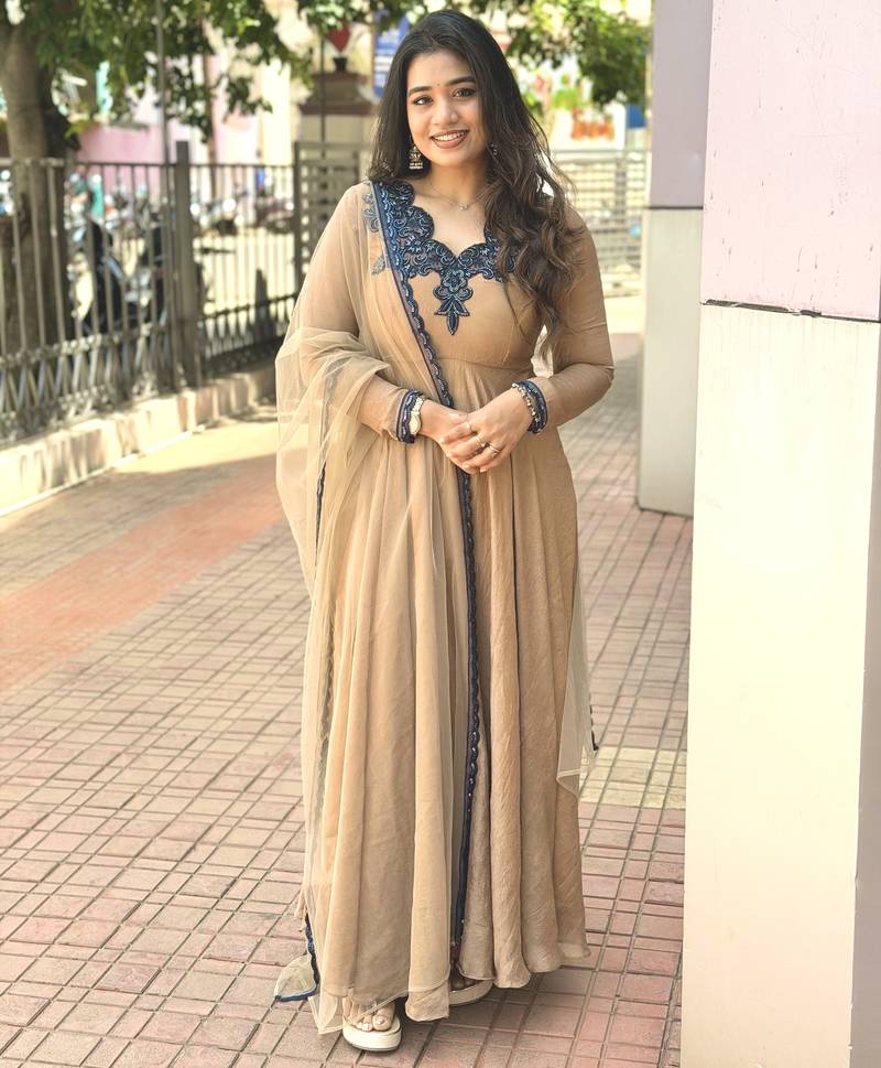 Beige silk blend readymade anarkali suit with embroidery & thread work