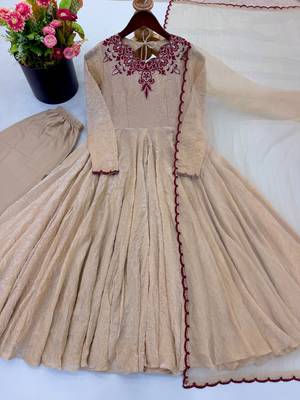 Beige silk blend readymade anarkali suit with embroidery & thread work 3