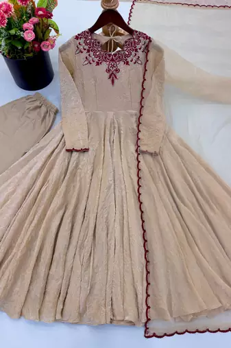 Beige silk blend readymade anarkali suit with embroidery & thread work