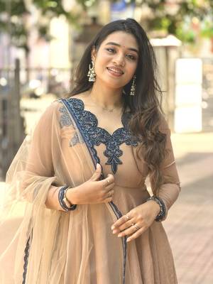 Beige silk blend readymade anarkali suit with embroidery & thread work 2