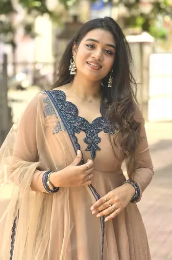 Beige silk blend readymade anarkali suit with embroidery & thread work