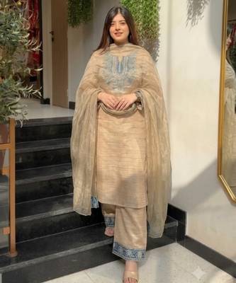 Beige silk blend readymade suit with embroidery & sequence work 1