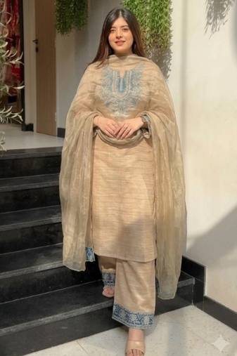 Beige silk blend readymade suit with embroidery & sequence work