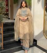 Beige silk blend readymade suit with embroidery & sequence work