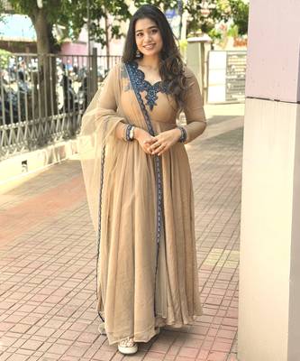 Beige silk blend readymade anarkali suit with embroidery & thread work 3