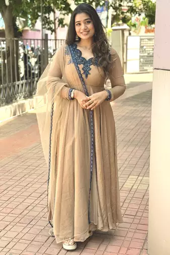 Beige silk blend readymade anarkali suit with embroidery & thread work