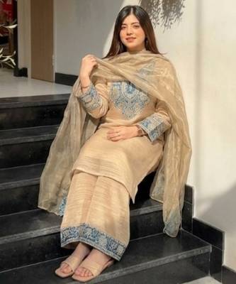 Beige silk blend readymade suit with embroidery & sequence work 2
