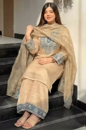 Beige silk blend readymade suit with embroidery & sequence work