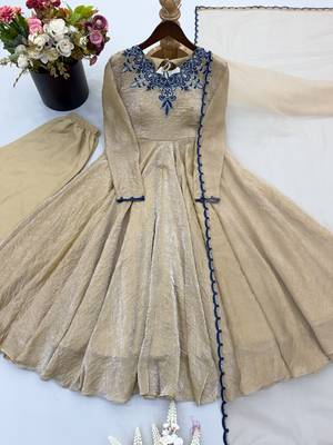 Beige silk blend readymade anarkali suit with embroidery & thread work 4