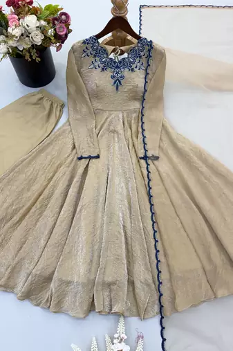 Beige silk blend readymade anarkali suit with embroidery & thread work