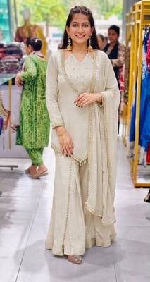White silk blend readymade suit with miroor & moti work 1