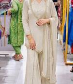 White silk blend readymade suit with miroor & moti work