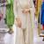 White silk blend readymade suit with miroor & moti work