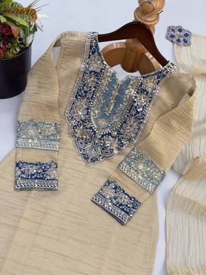 Beige silk blend readymade suit with embroidery & sequence work 3