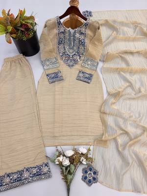 Beige silk blend readymade suit with embroidery & sequence work 4