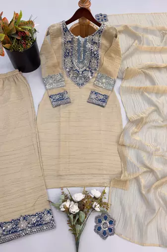 Beige silk blend readymade suit with embroidery & sequence work