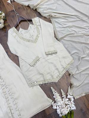 White silk blend readymade suit with miroor & moti work 2