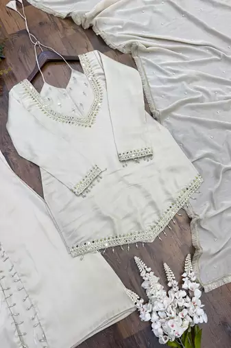 White silk blend readymade suit with miroor & moti work