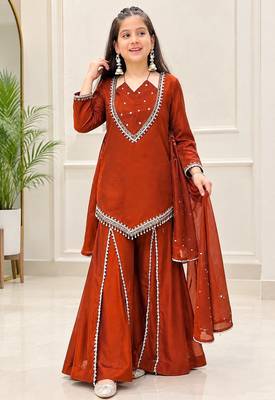 Rust silk blend readymade suit with miroor & moti work 1