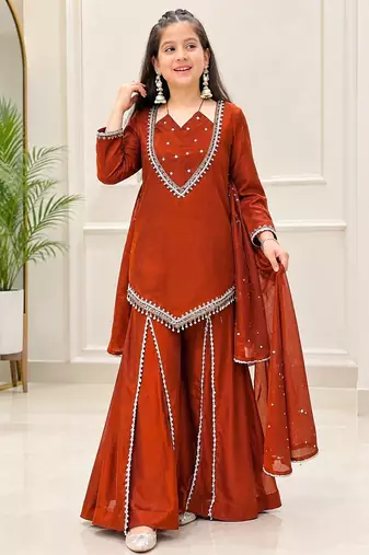 Rust silk blend readymade suit with miroor & moti work